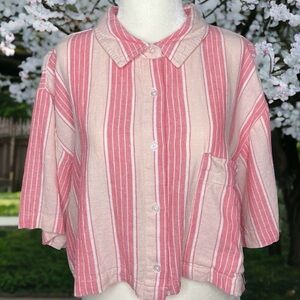 Kendall & Kylie Large Crop Top Cherry Blossom Stripes Button Up Boxy Camp Shirt